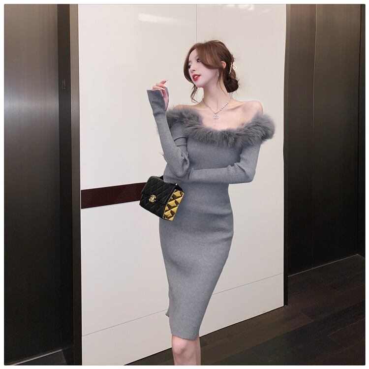 【dress】フェザーオフショルダーニットワンピース　M17993