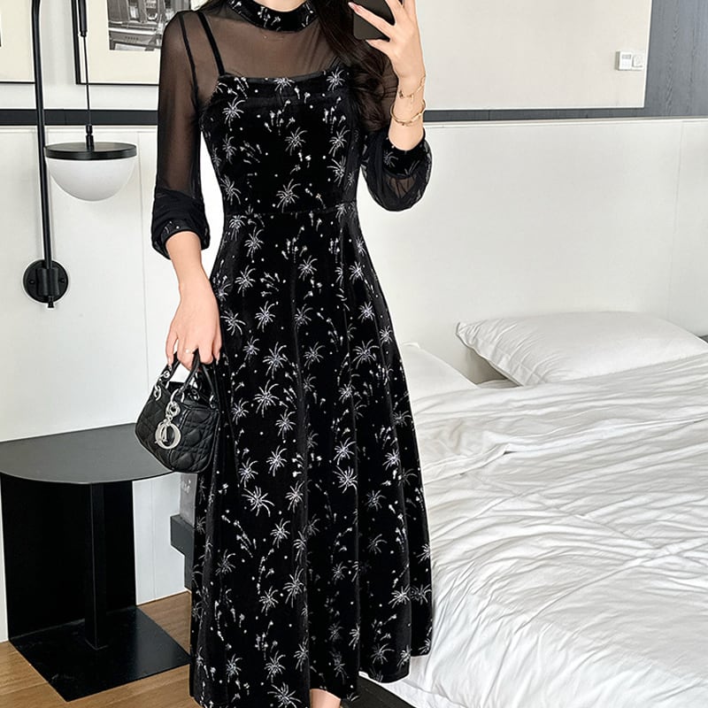 【dress】チュールドッキングベルベットワンピース Q7045