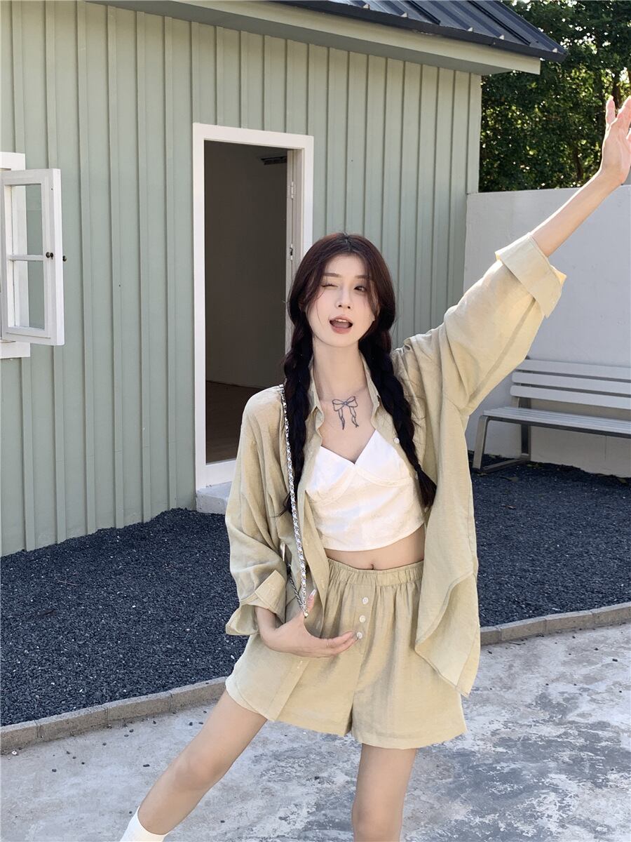 【set】薄手ブラウス+ハイウエストショートパンツ２点セットG21291