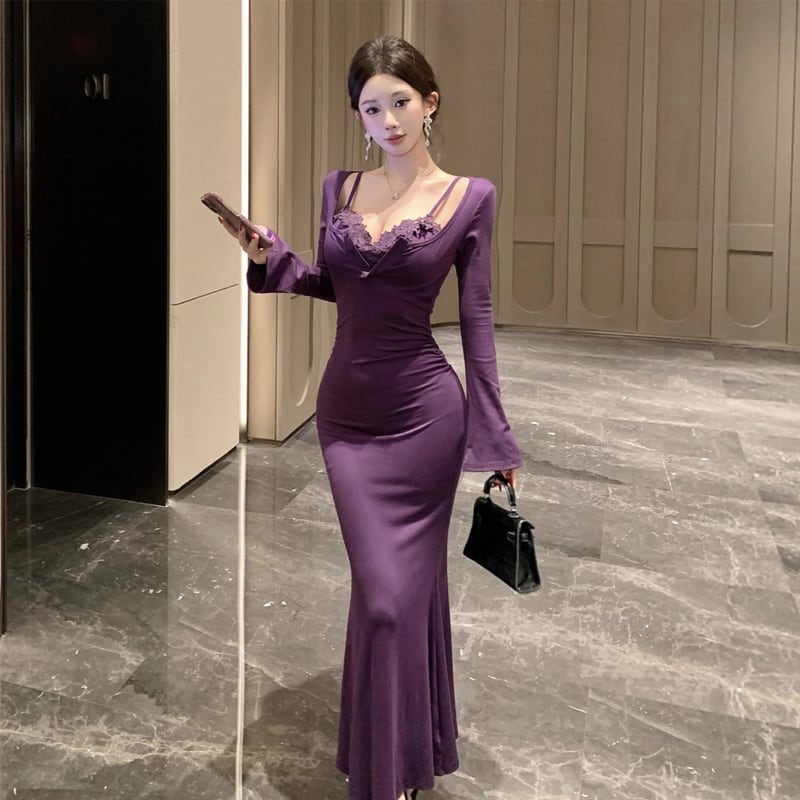 【dress】レースフェイクレイヤードワンピース Q7514