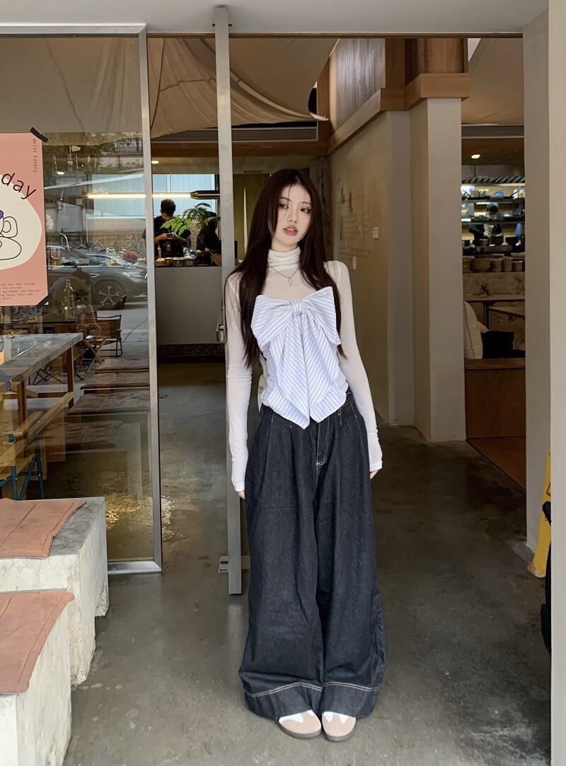 【set】Tシャツ+ストライプ柄リボンベアトップ２点セットG21346