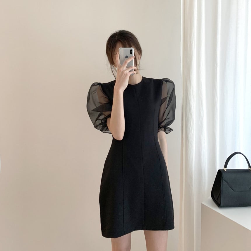 【dress】チュールスリーブ切り替えワンピース　M23986