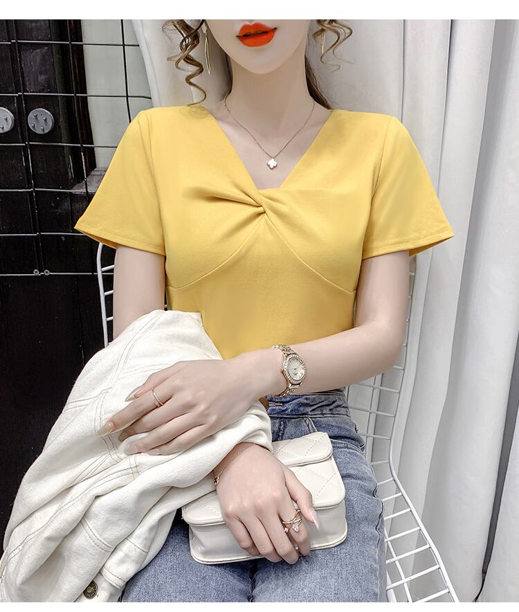 【tops】2色Vネック半袖ファッション無地着回しブラウスF0154