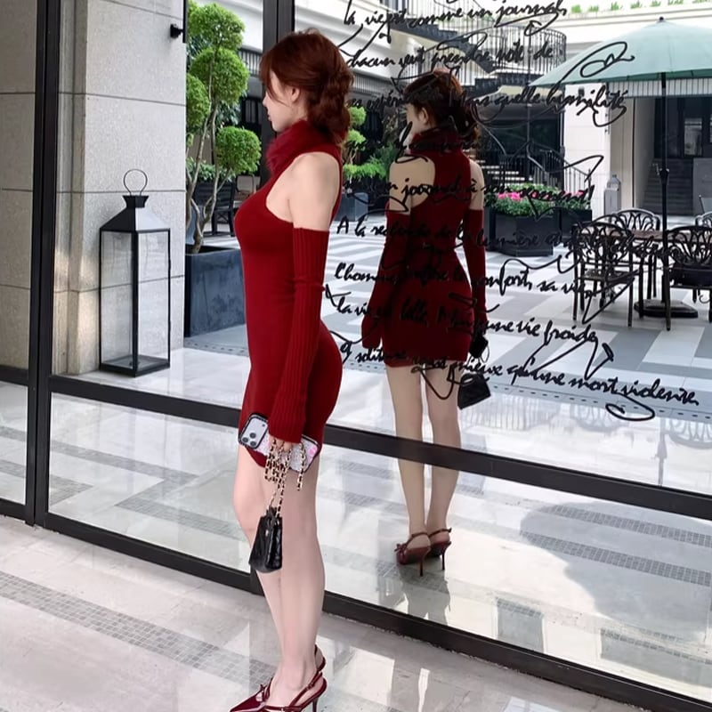 【dress】ネックウォーマーとアームウォーマ付きノースリーブニットワンピース Q7814
