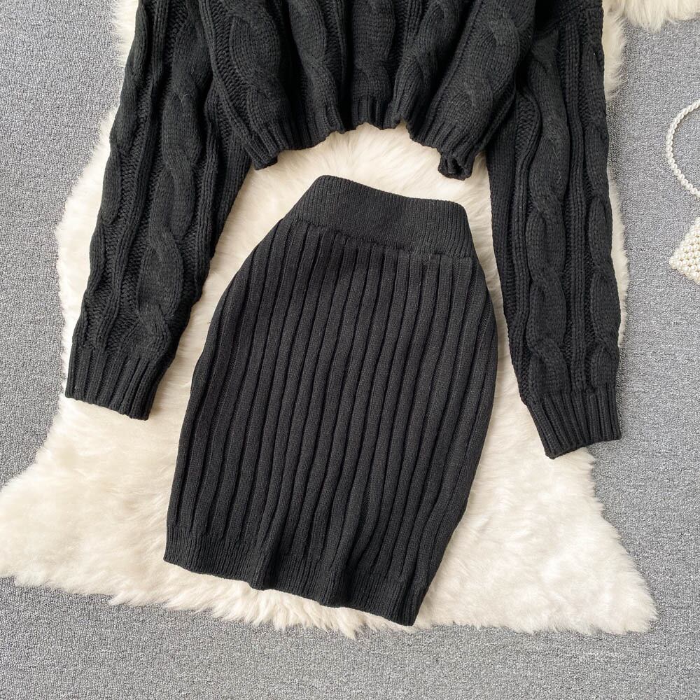 【set】着心地良い!気質満点ハイネックセーター+タイトスカートオシャレ２点セット G3271