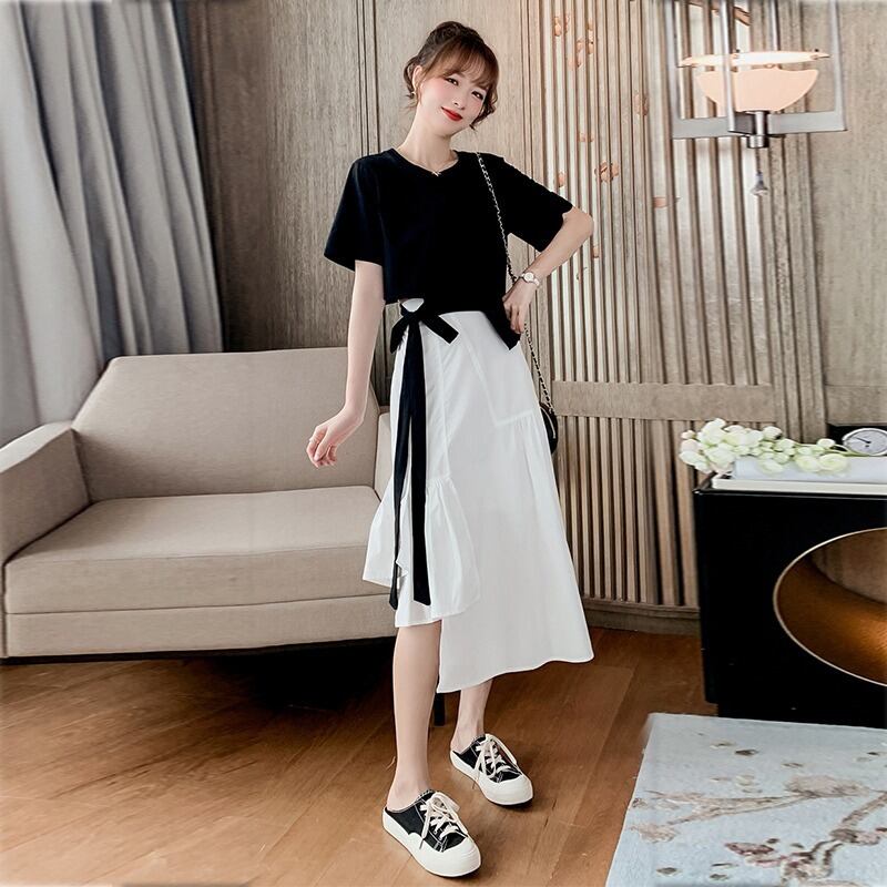 【set】 無地リボン付きTシャツ+AラインイレギュラースカートセットアップF0064