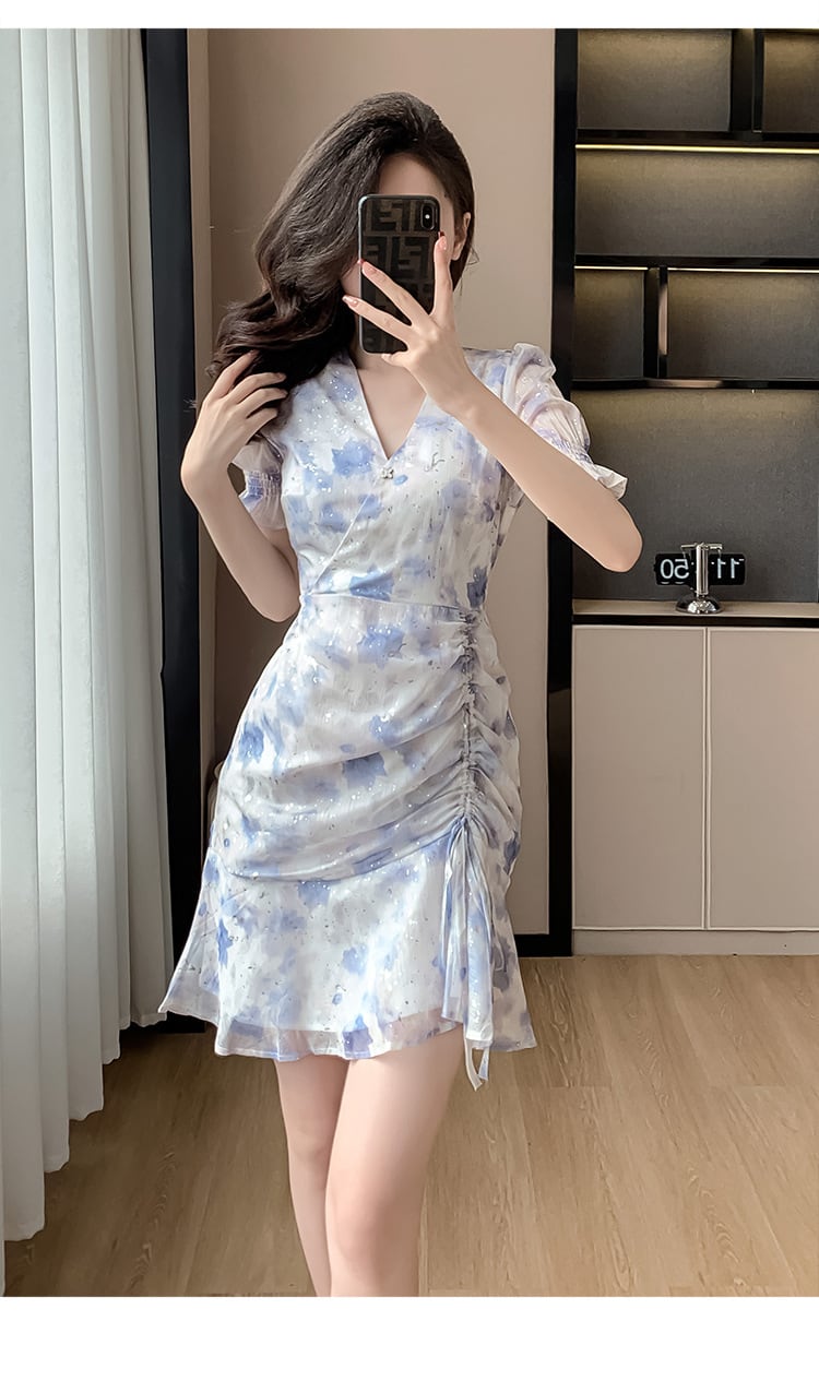 【dress】Vネック花柄シフォンマーメイドワンピース G21275