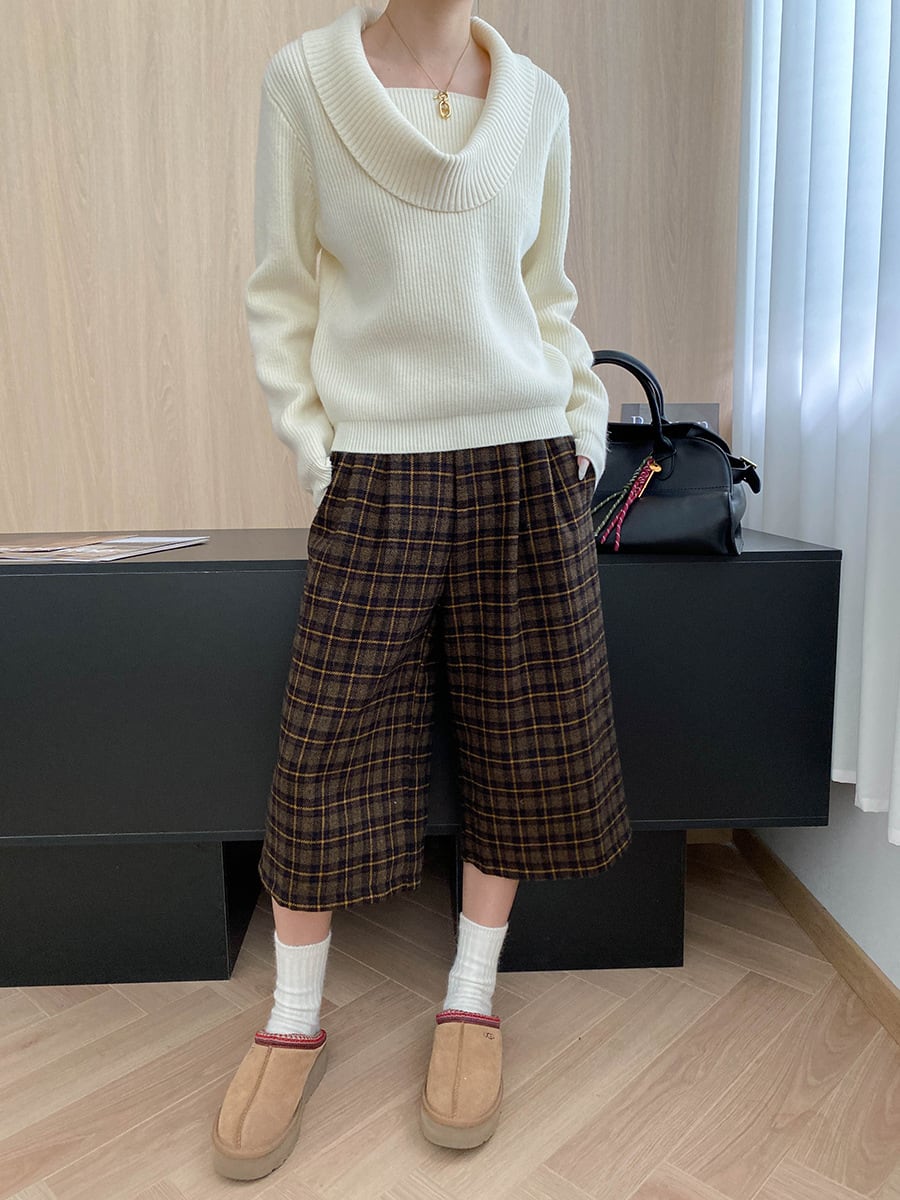 【tops】5色展開ドレープドネックニットトップス Q7379
