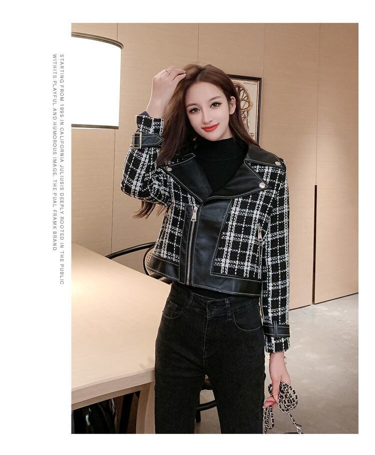 【outer】話題沸騰中大きいラペル長袖韓国風チェック柄配色切り替えショート丈ジャケットF1643
