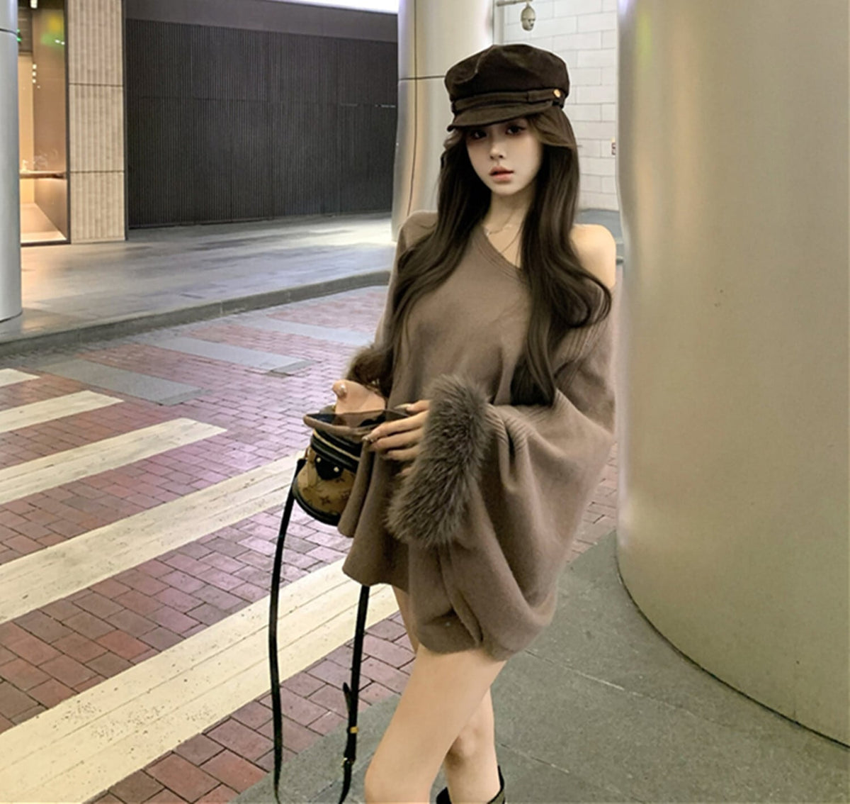 【tops】袖ファーオフショルダーニットトップス　M27715