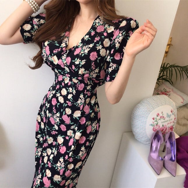 【dress】花柄スリットワンピース　M24720