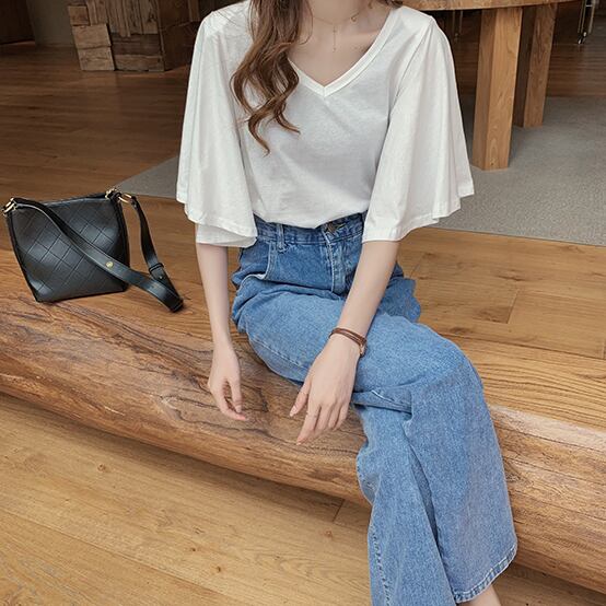 【tops】美人度アップVネック半袖ファッションフレアスリーブ無地着回しTシャツF0001