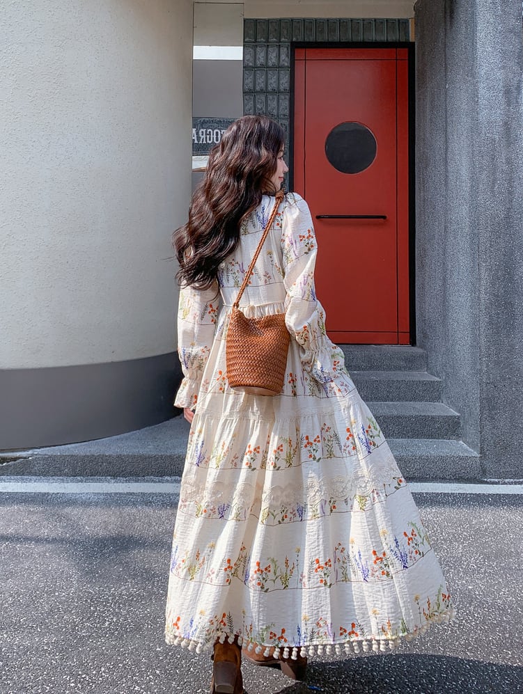【dress】フリンジ付き花柄ロングワンピース Q8225