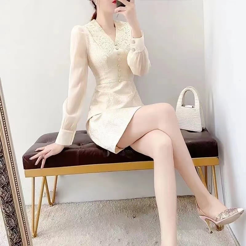 【dress】高級感溢れる春新作ドールカラー長袖ランタンスリーブ韓国ファッション無地OL通勤ワンピースF1806