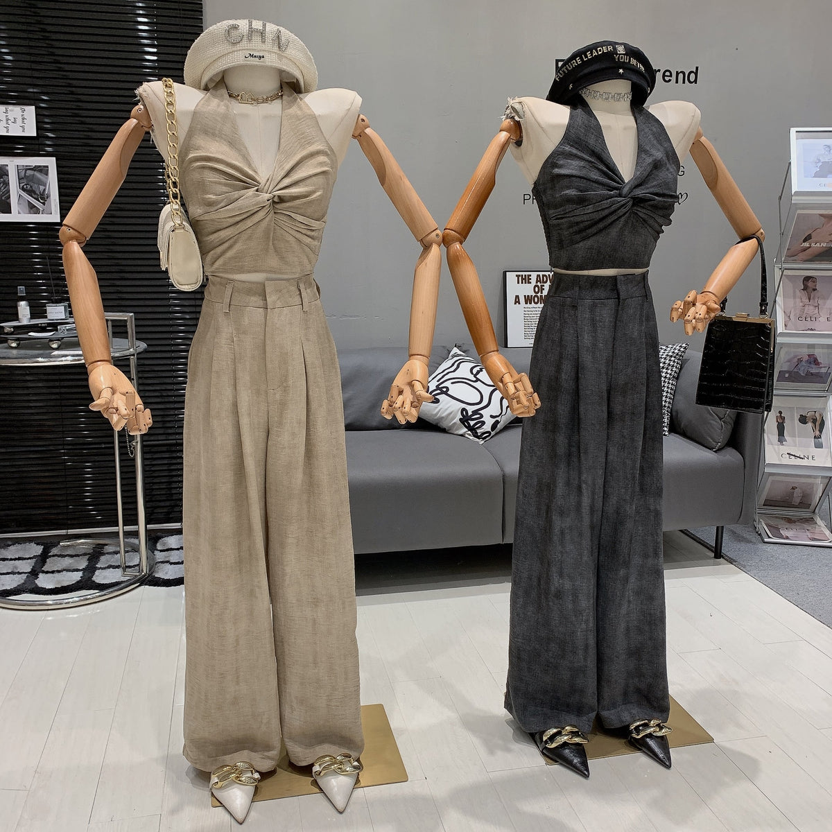 【set】Vネックトップス×ワイドパンツセット　M24991