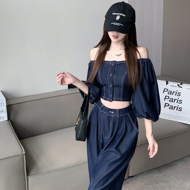 【set】オフネック半袖パフ袖ブラウス+無地ガウチョパンツ2点セットF5313