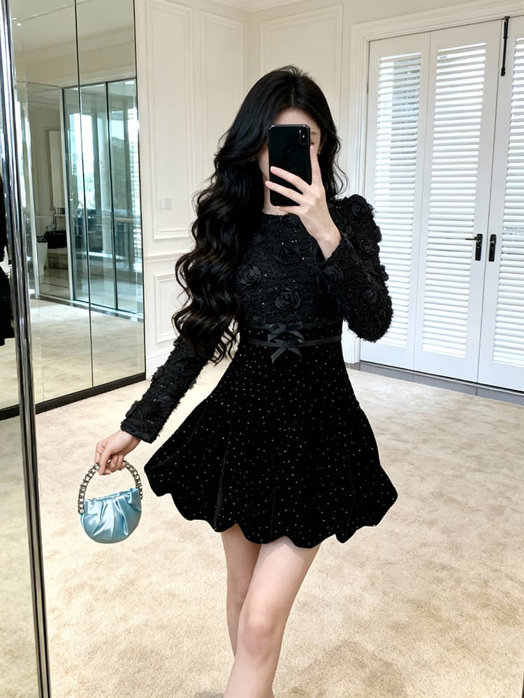 【dress】立体感バラベルベットワンピース Q7506