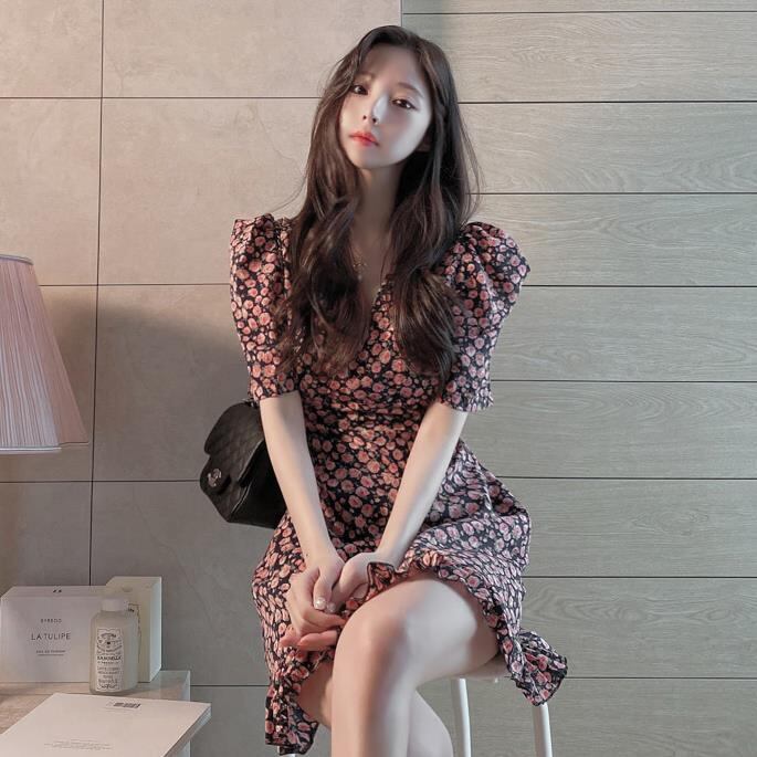 【dress】美人度アップ!気質満点スウィートVネックパフスリーブシフォン花柄ワンピース