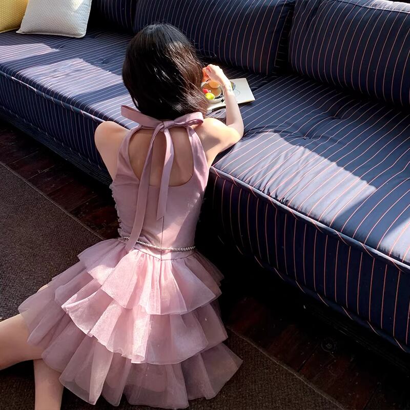 【dress】ノースリーブ立体感バラティアードワンピース Q8474