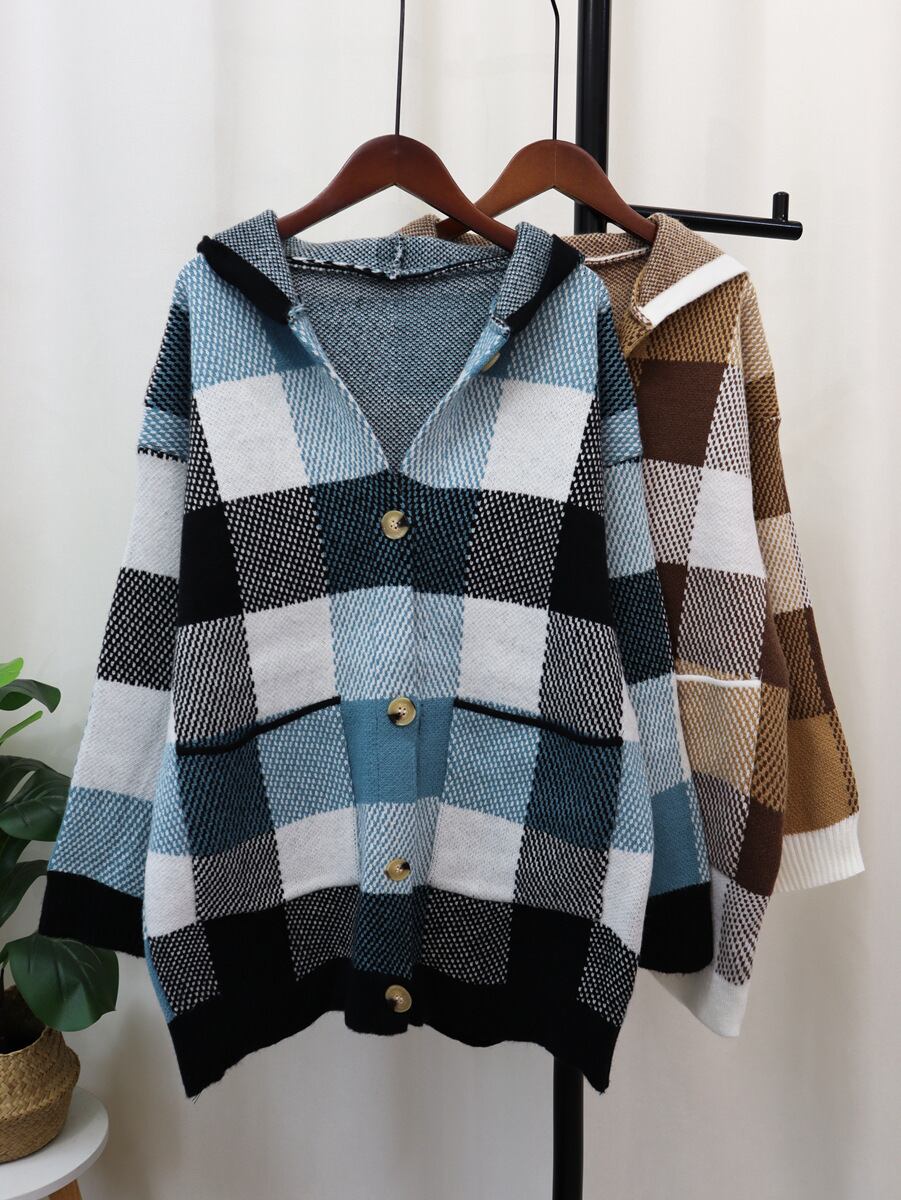 【outer】フード付きチェック柄ニットカーデ　M18507