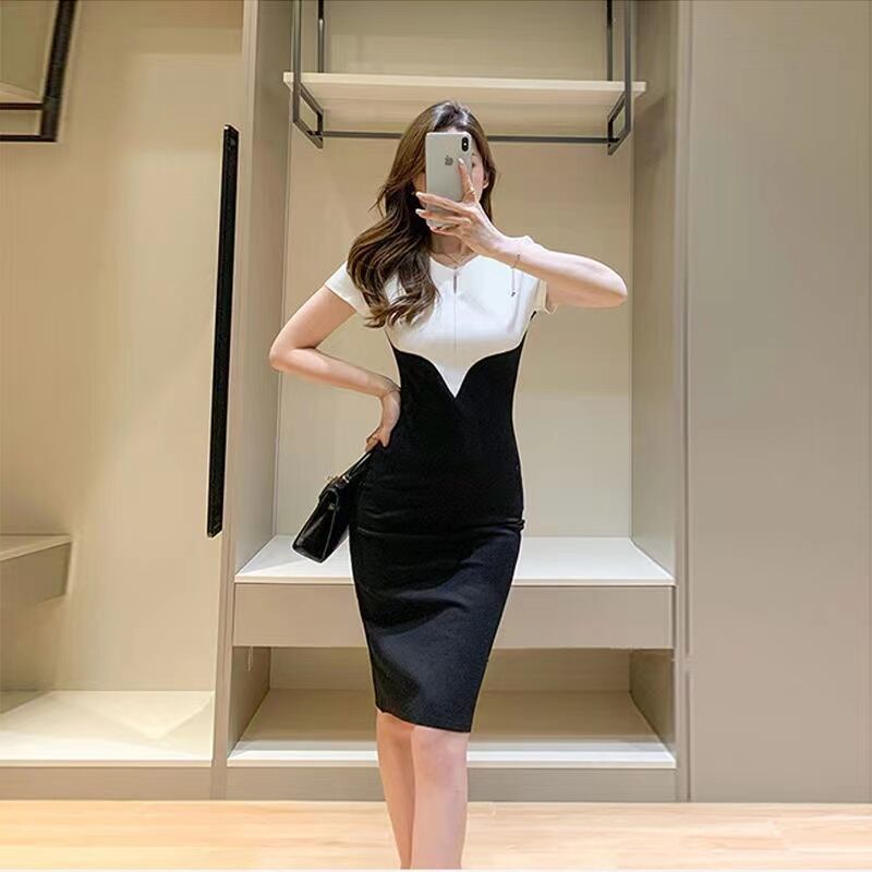 【dress】早い者勝ち夏新作2色ラウンドネック半袖配色韓国ファッションタイトワンピースF2630
