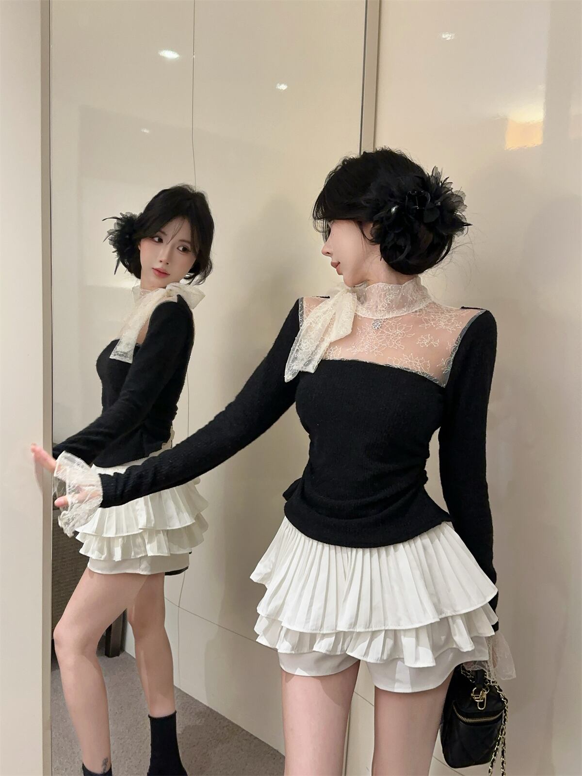 【tops】レースドッキングニットトップス　N2909