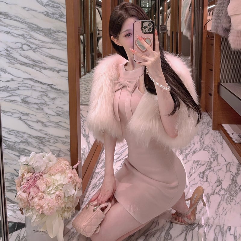 【dress】リボン付きホルターネックニットワンピース Q7374