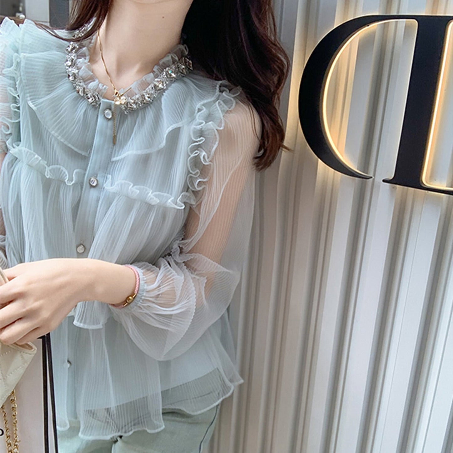 【tops】ラインストーン付きフリルブラウス　N2966