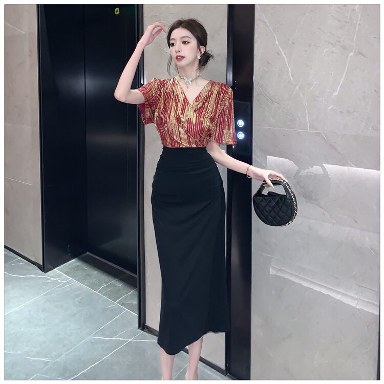 【dress】Vネック切り替えスリットワンピース G21104