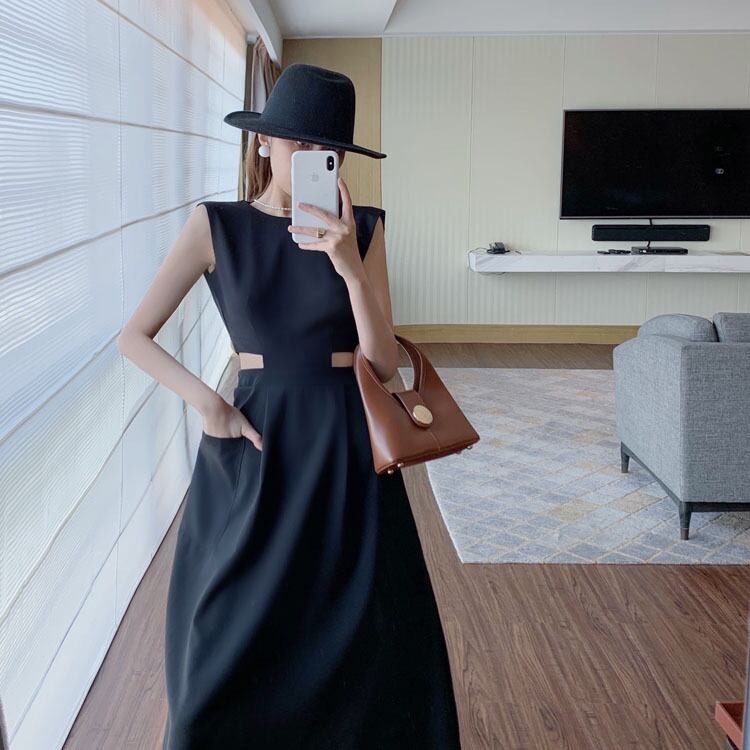 【dress】韓国ファッション海旅行ラウンドネック無地ノースリーブ着やせワンピースF0322