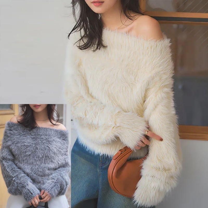 【tops】シャギーオフショルダーニットセーター　M28551