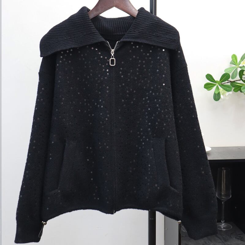 【outer】スパンコール付きニットカーディガン Q7438