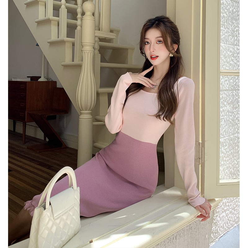 【dress】配色ニットワンピース　M25476