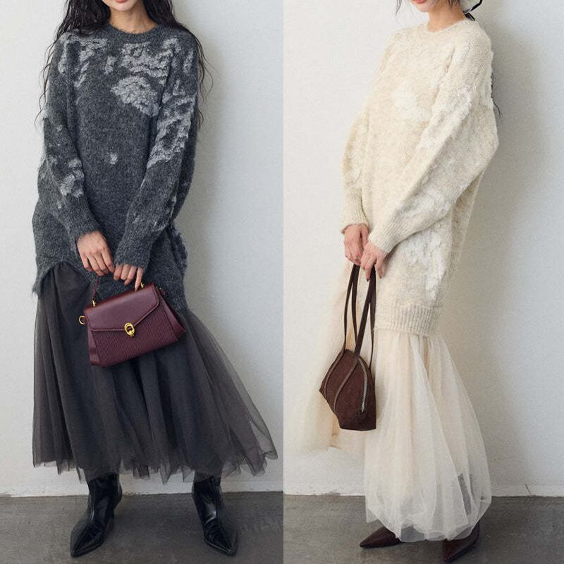 【dress】チュールドッキングロングニットワンピース Q7839