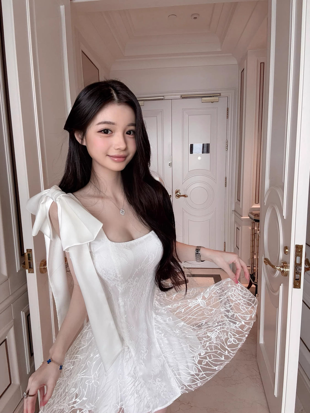 【dress】リボン付きレースキャミワンピース Q8385