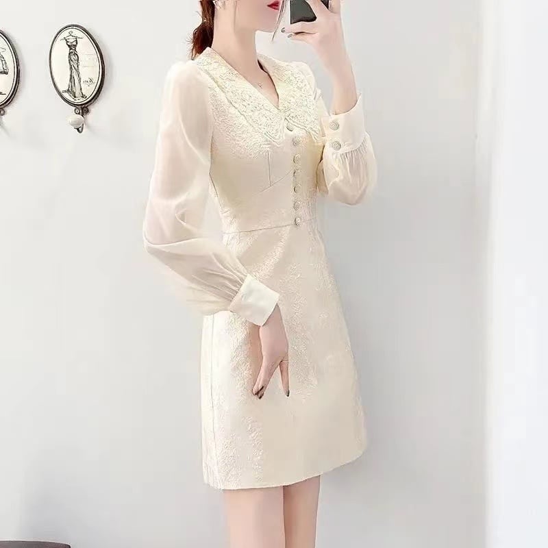 【dress】高級感溢れる春新作ドールカラー長袖ランタンスリーブ韓国ファッション無地OL通勤ワンピースF1806