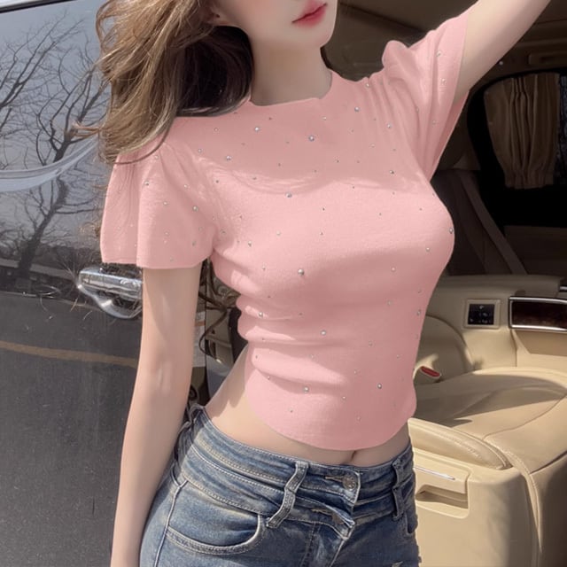 【tops】ラインストーンニットＴシャツF7428