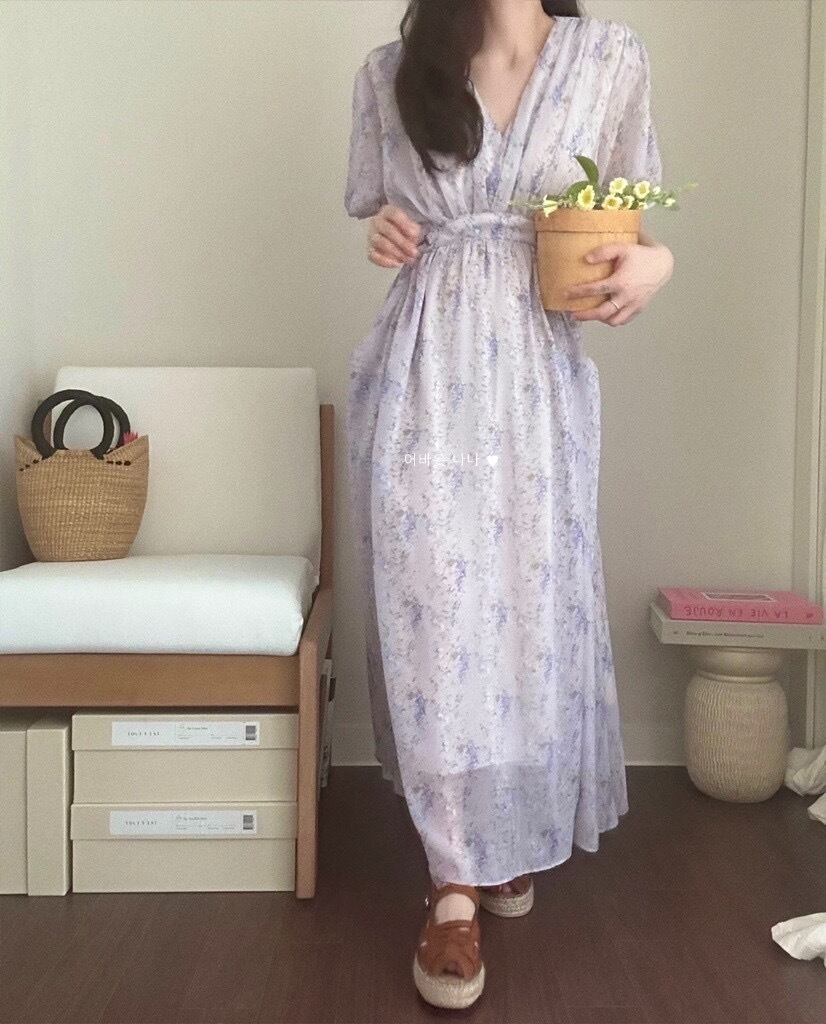 【dress】Vネック花柄パフスリーブワンピース G20746