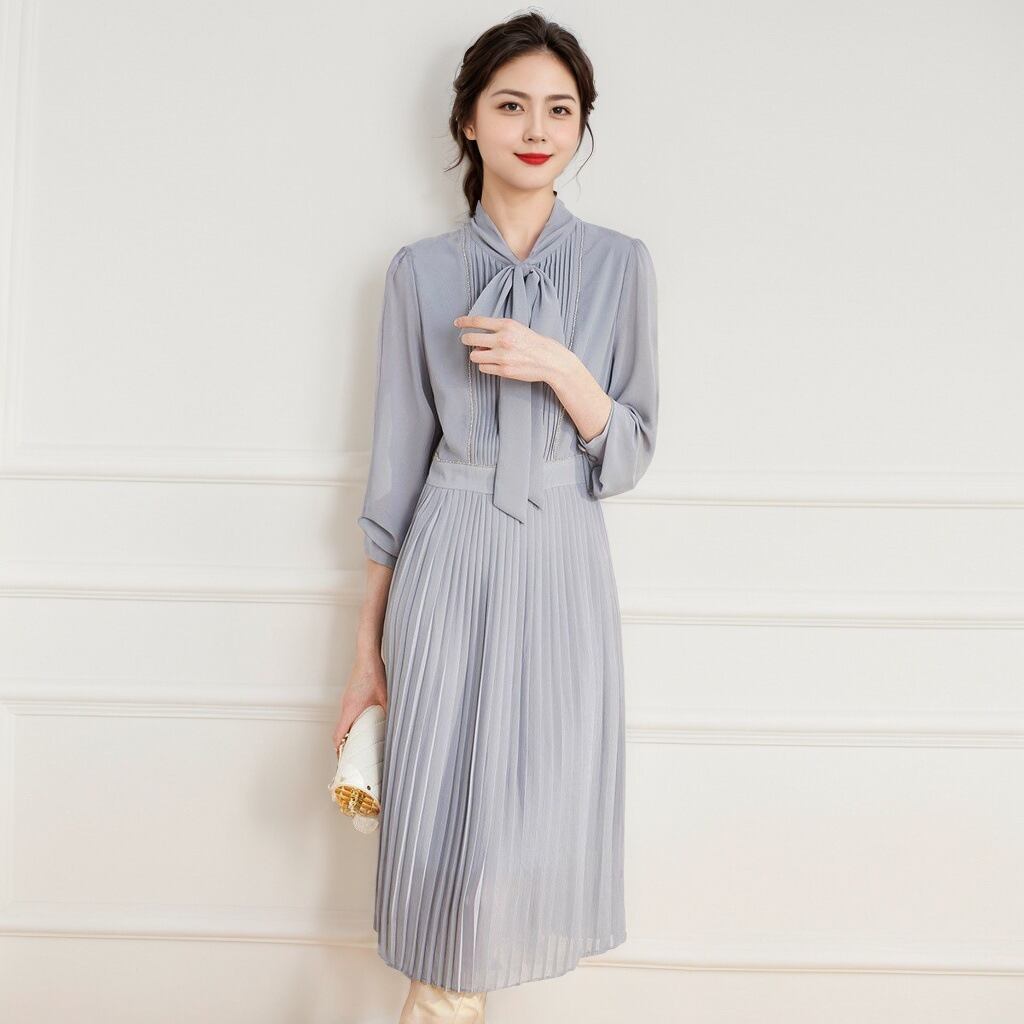 【dress】プリーツリボン付きワンピース　M29679