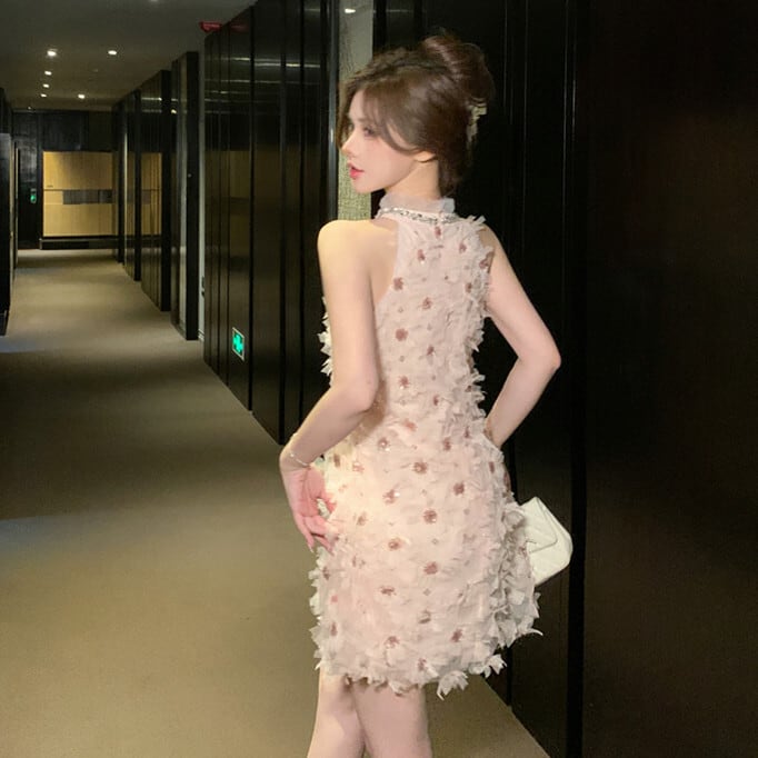 【dress】フラワーモチーフホルターネックワンピース　M24639