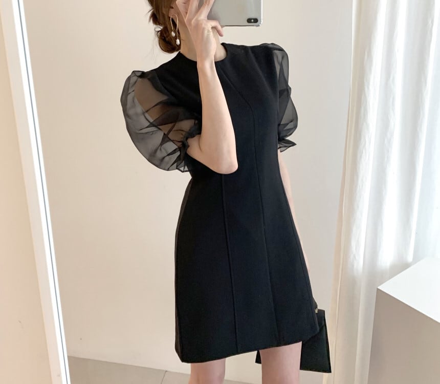 【dress】チュールスリーブ切り替えワンピース　M23986