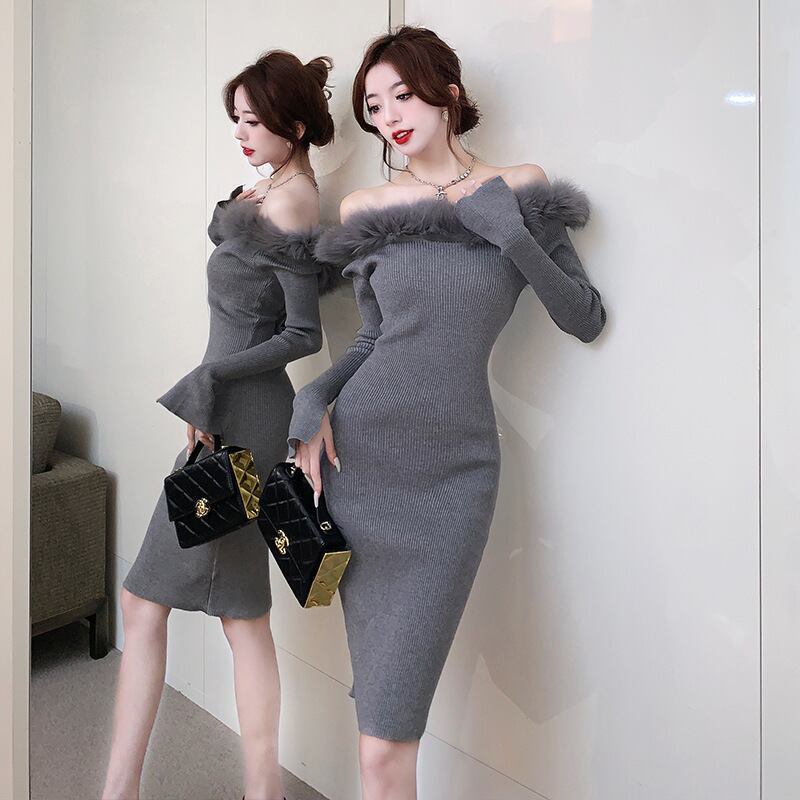 【dress】フェザーオフショルダーニットワンピース　M17993