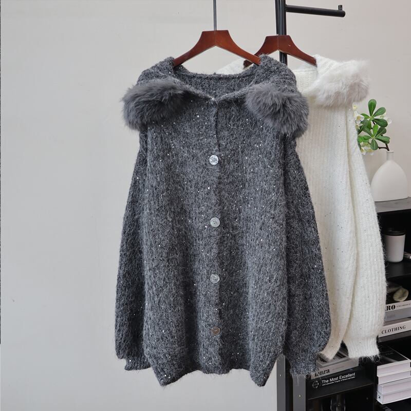 【outer】ファー付きニットカーディガン Q6991