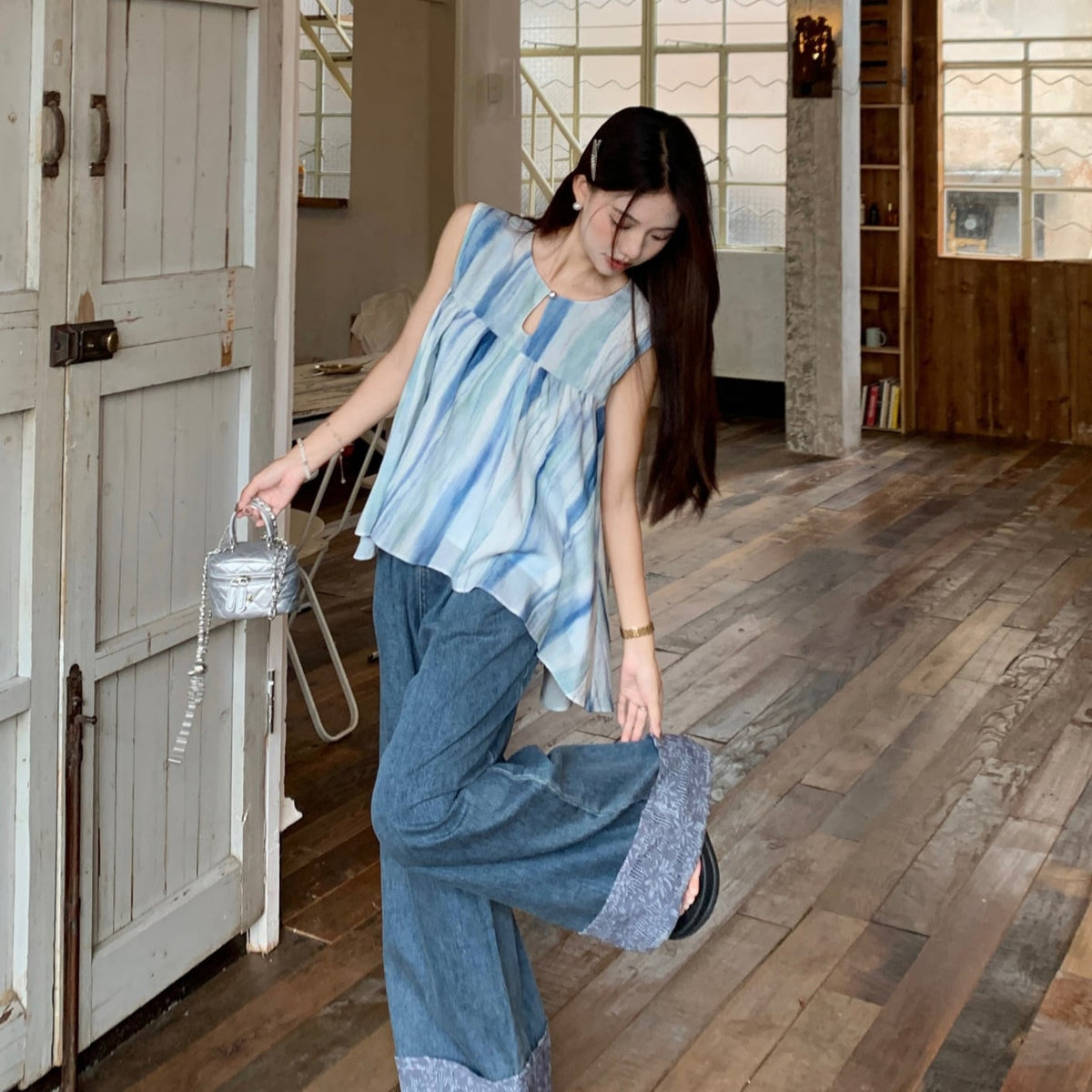 【set】ノースリーブトップス+デニムパンツ　M24621