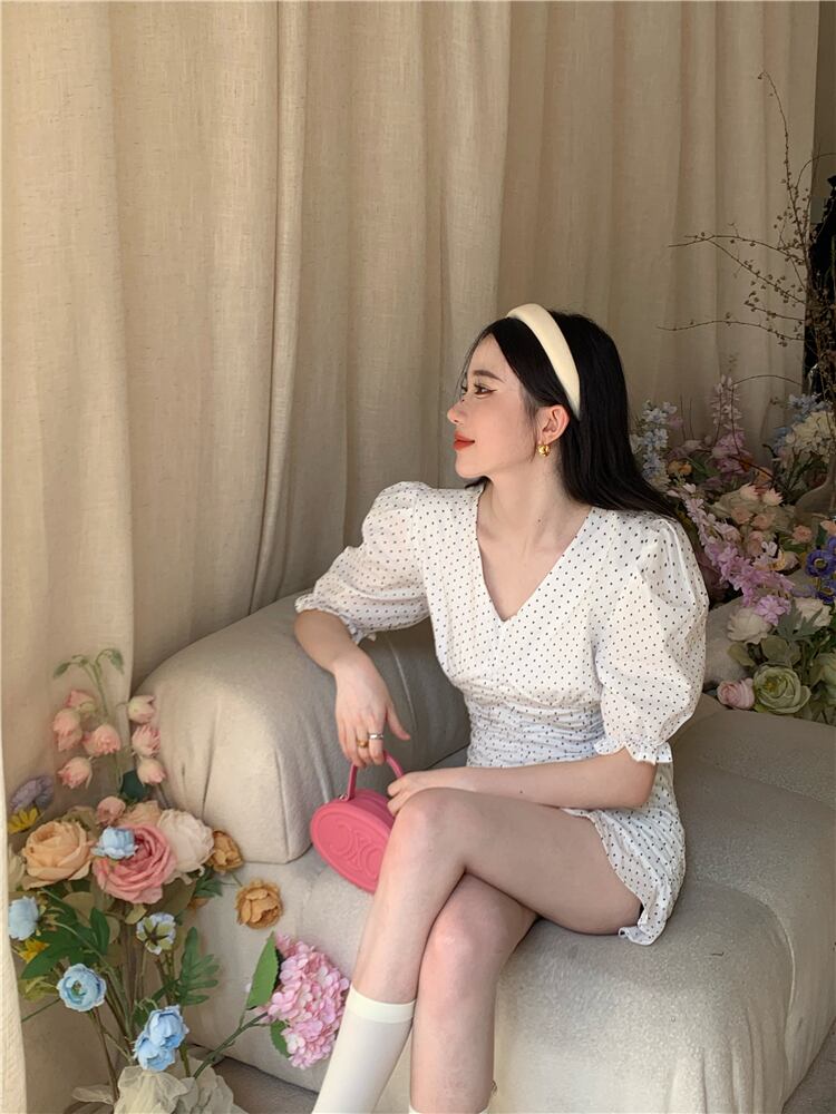 【dress】Vネックパフスリーブギャザーワンピース G21271