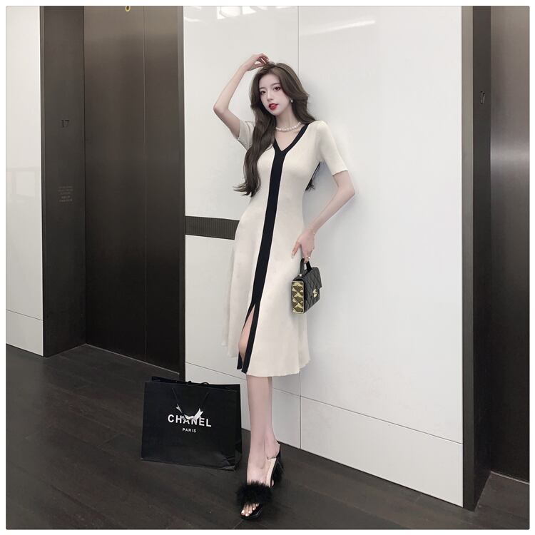 【dress】人気を獲得Vネック気質満点夏淑女レディース 体型カバー着痩せニットワンピース G8122