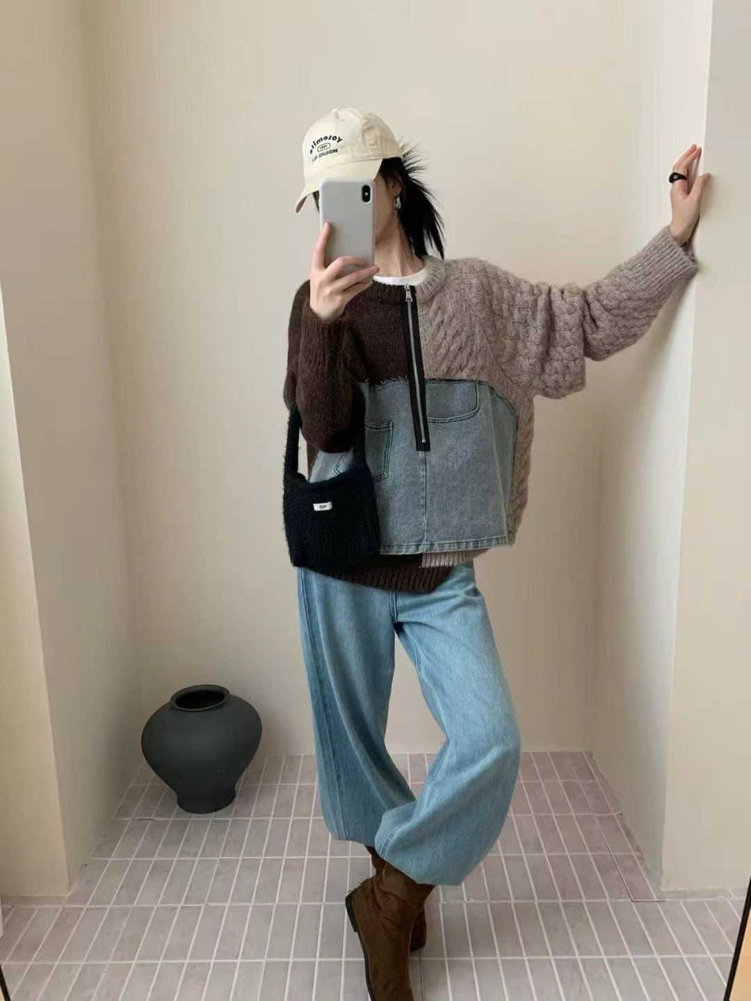 【tops】デニム切り替えニットトップス　N3288