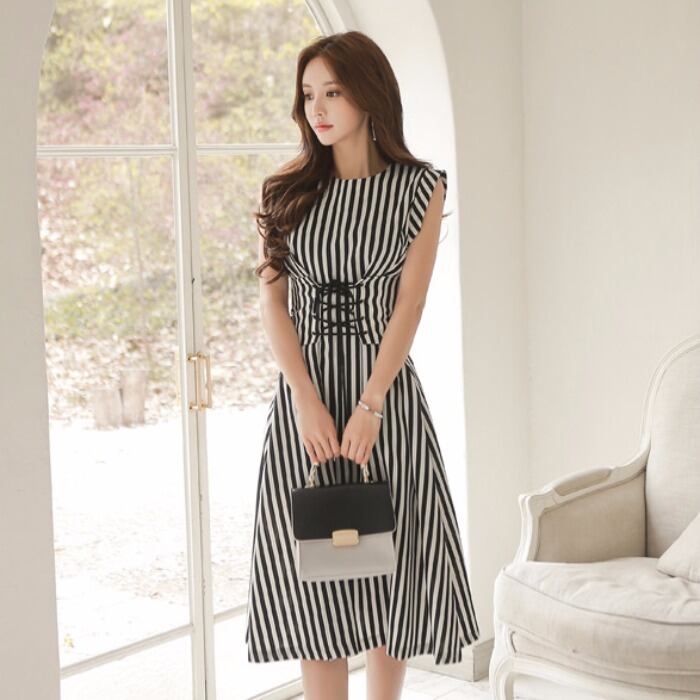 【dress】夏好感度UP!韓国風気質満点レトロラウンドネックストライプ柄ワンピース