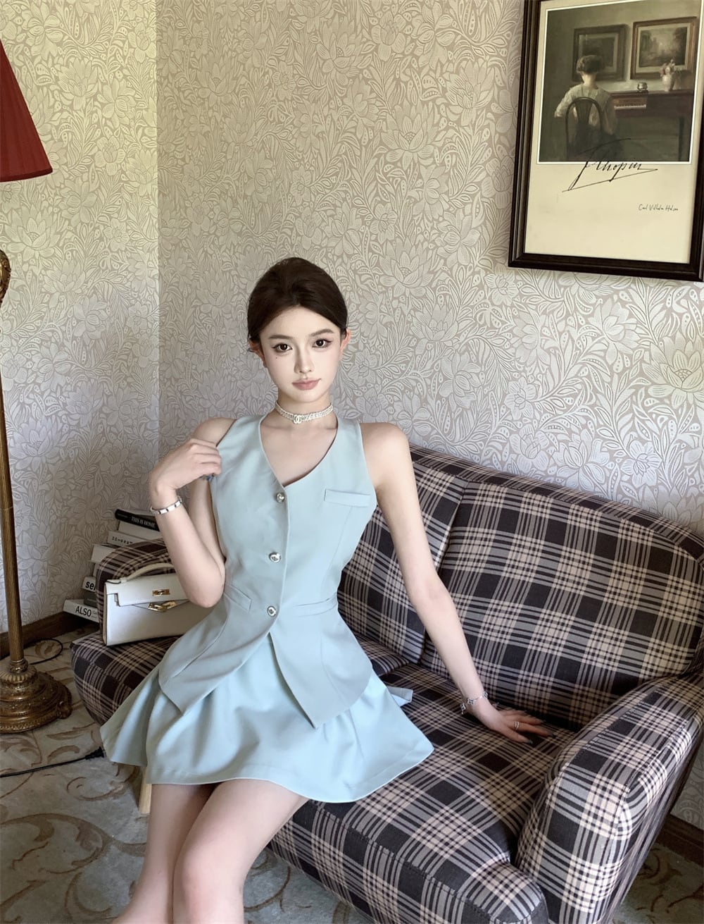 【set】Vネックリボンスーツチョッキ+スカート２点セットG21405