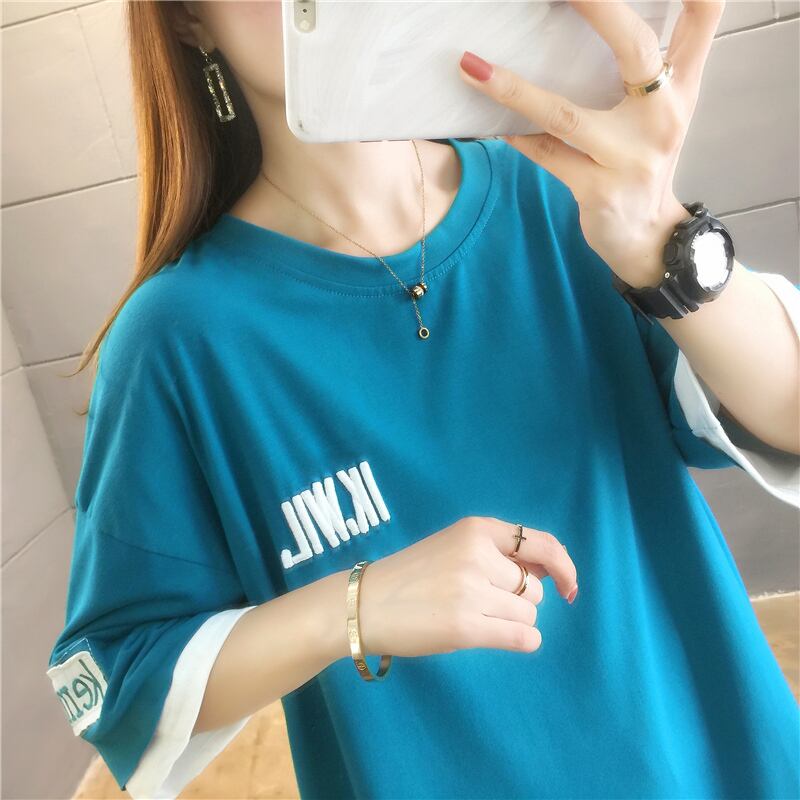 【tops】ラウンドネック半袖カジュアル偽二つ切り替え配色着まわしTシャツ